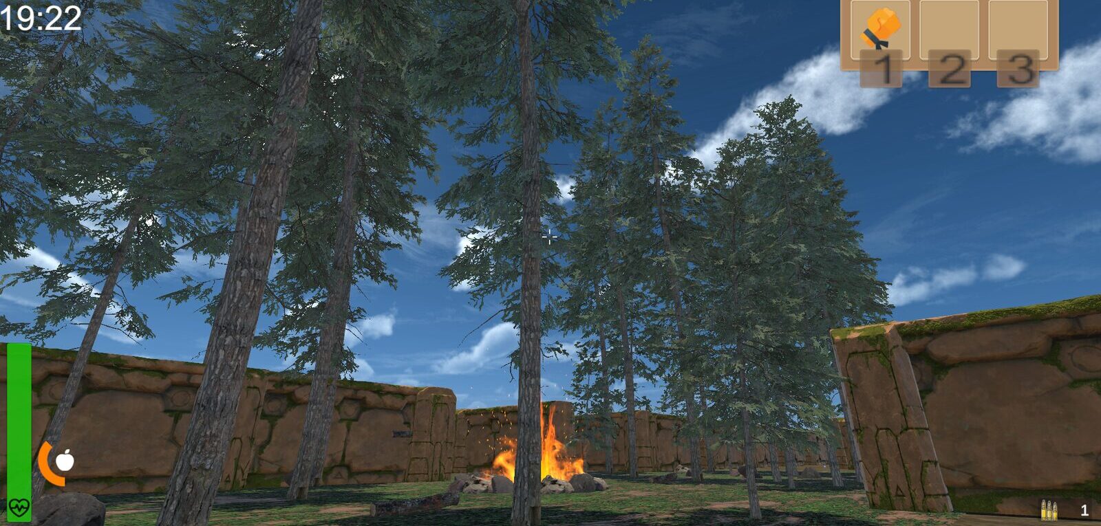 Base du vaisseau en forêt, de jour, avec un feu de camp et des remparts