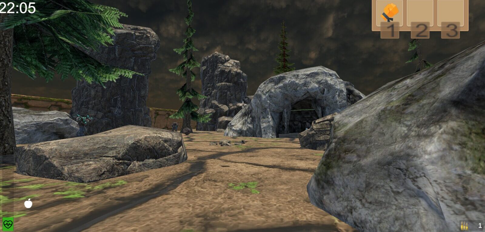 Entrée d'une grotte dans le labyrinthe, de nuit, avec rochers et sapins